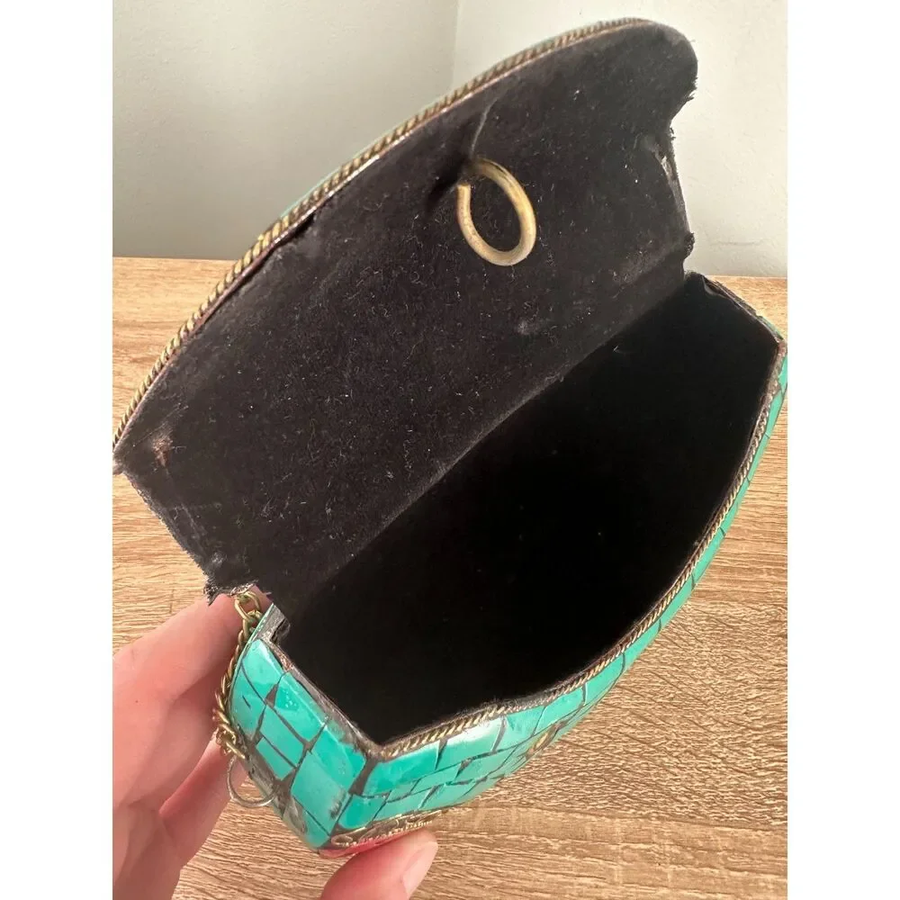 Vintage Turquoise Mosaic Tile Purse Coral Stone Inlay Crossbody Gold Chain Bag